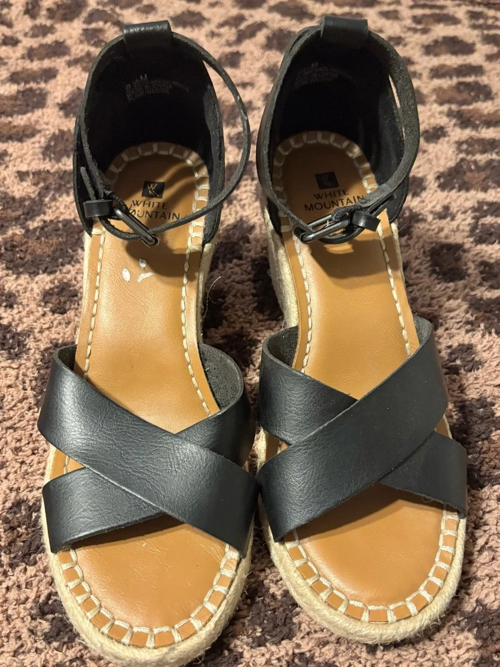 White Mountain Black Faux Leather Crisscross Espadrille Wedges